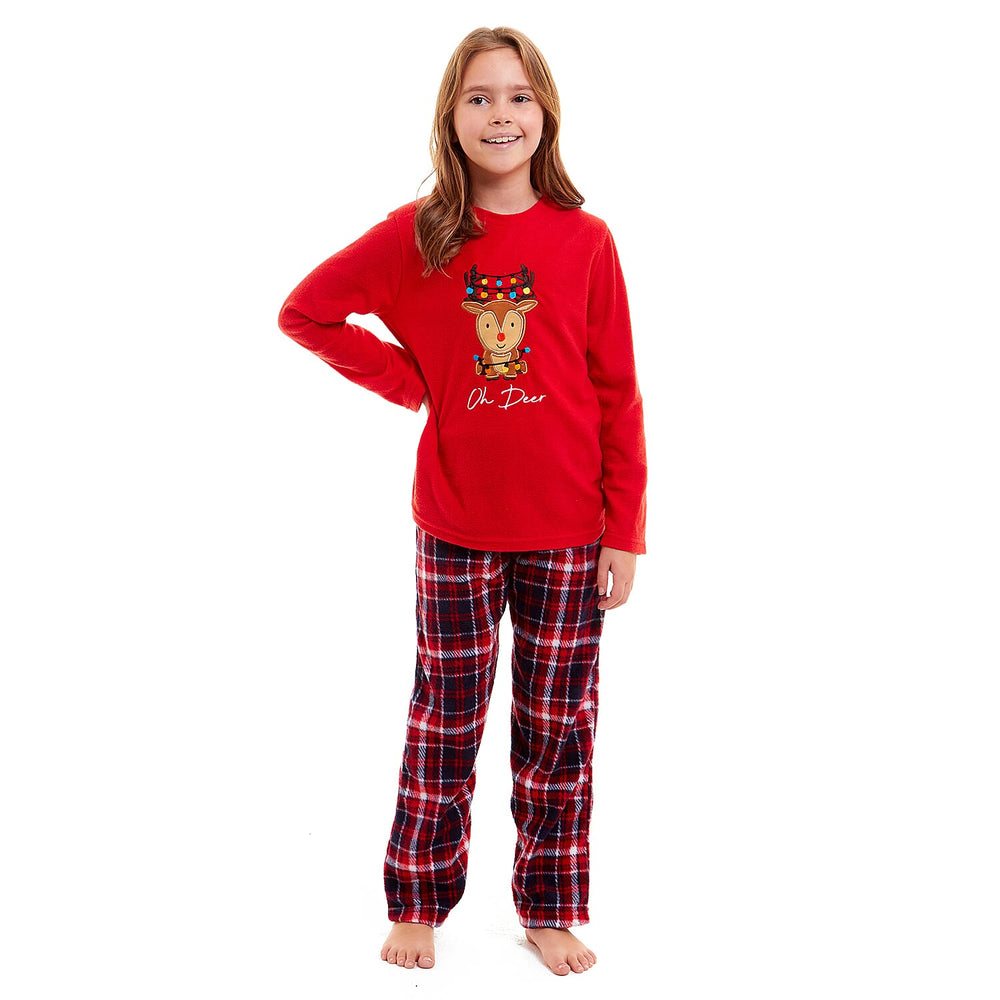 Childrens Reindeer Micro Fleece Pyjamas with Applique Top & Printed Trouser (Size 11-12) - Wine