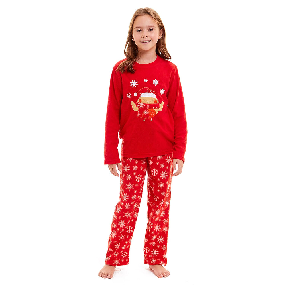 Childrens Robin Micro Fleece Pyjamas with Applique Top & Printed Trouser (Size 11-12) - Red