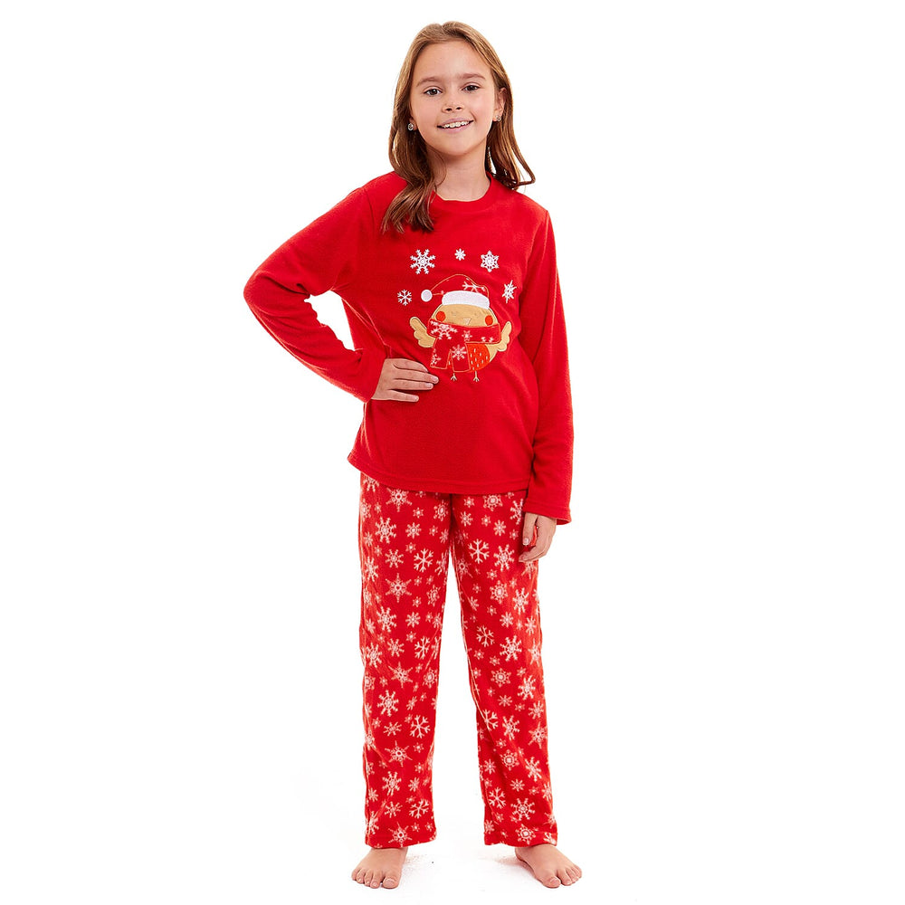 Childrens Robin Micro Fleece Pyjamas with Applique Top & Printed Trouser (Size 11-12) - Red