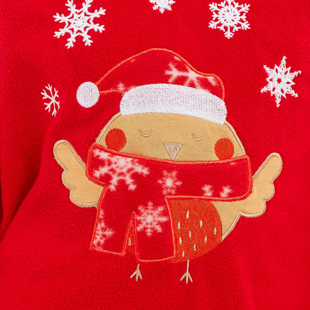 Childrens Robin Micro Fleece Pyjamas with Applique Top & Printed Trouser (Size 11-12) - Red