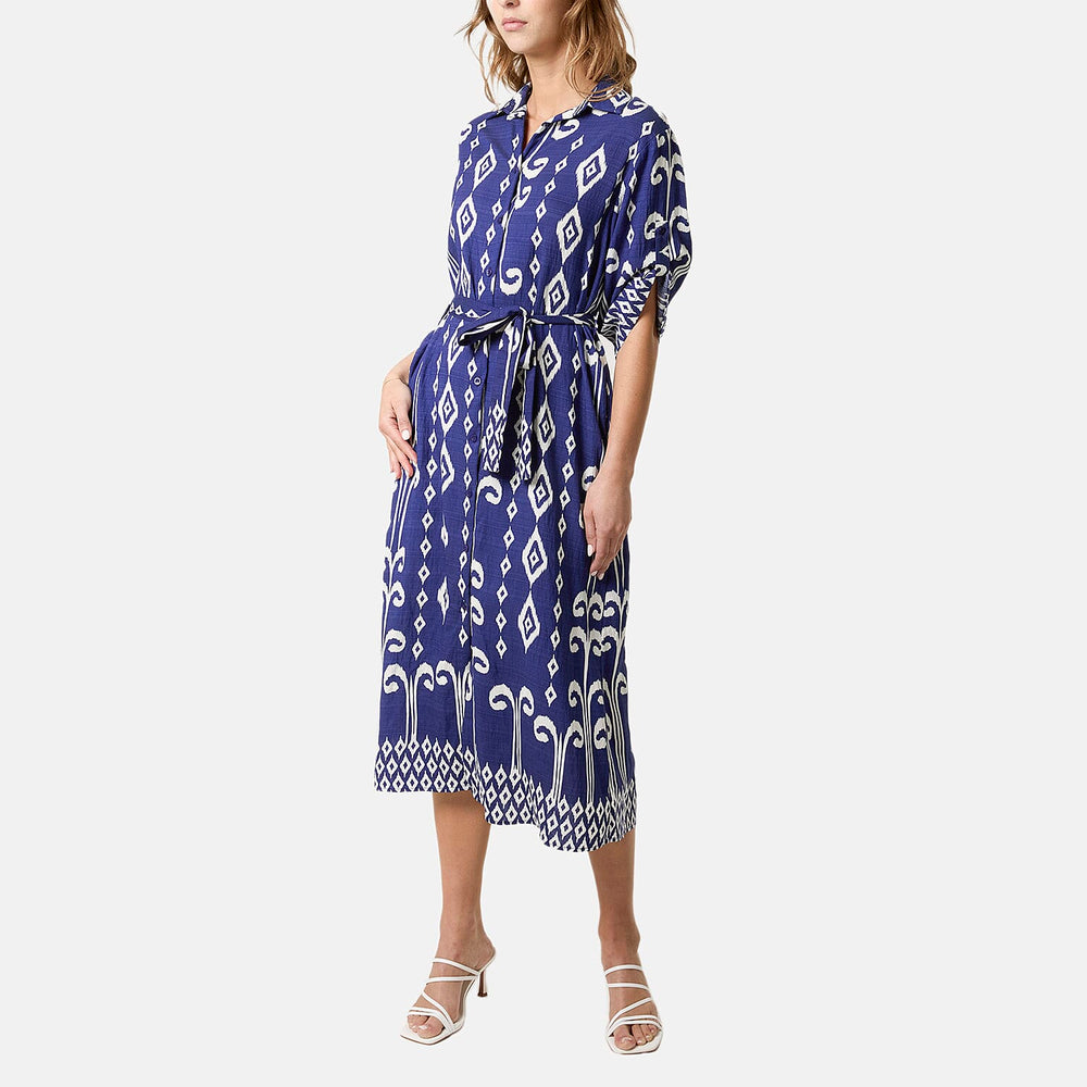 Chilli Charm Intricate White Pattern Tie-Waist Midi Dress (One Size 8 - 16) - Navy