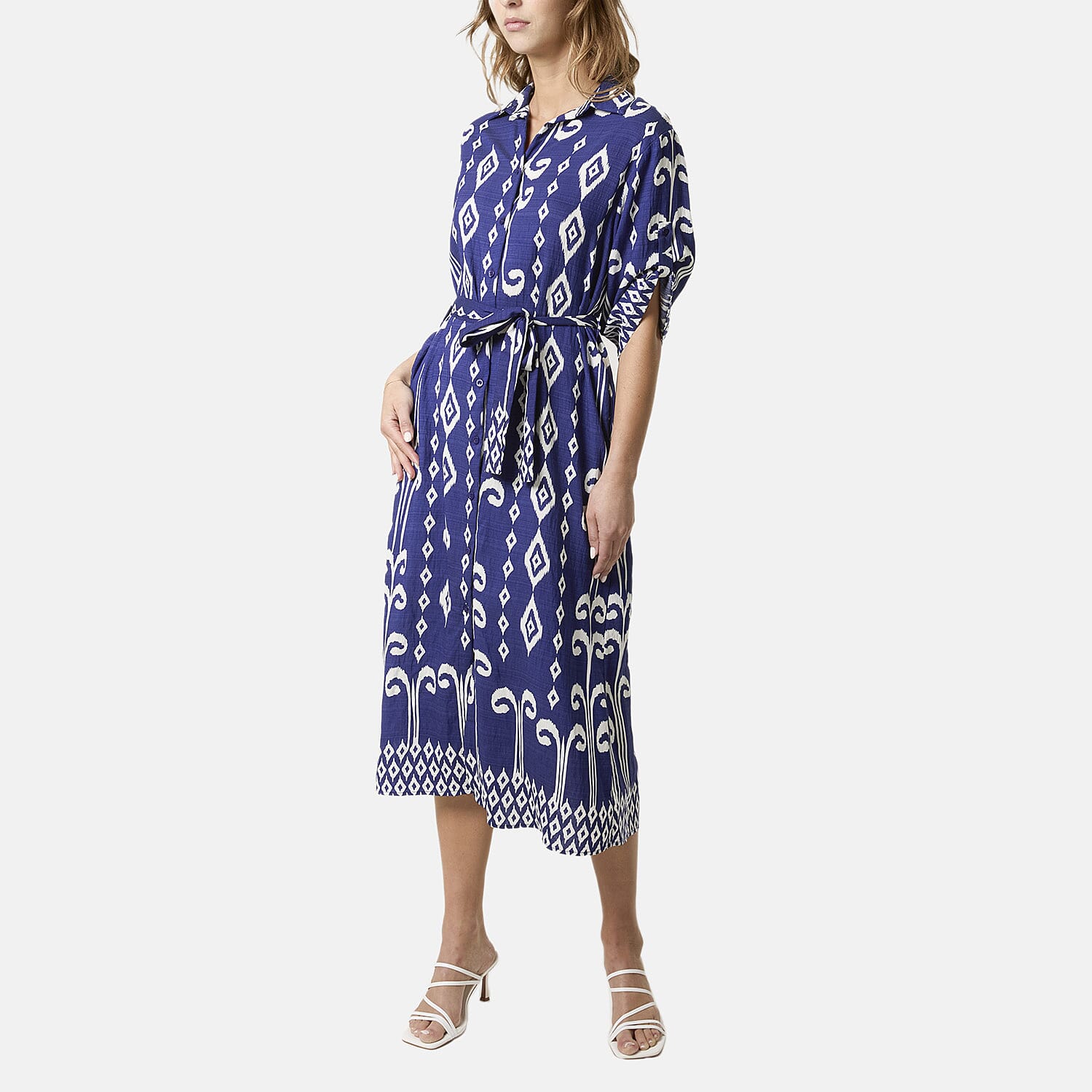 Chilli Charm Intricate White Pattern Tie-Waist Midi Dress (One Size 8 - 16) - Navy