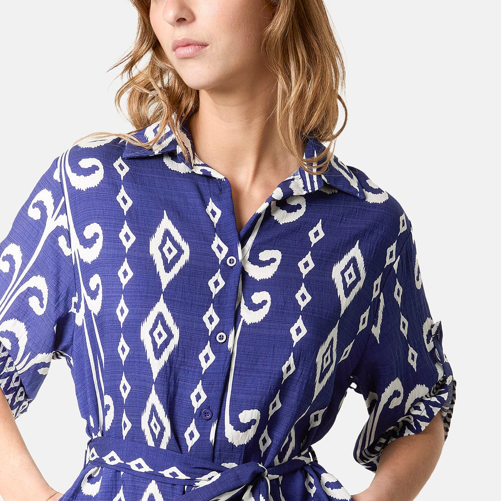 Chilli Charm Intricate White Pattern Tie-Waist Midi Dress (One Size 8 - 16) - Navy