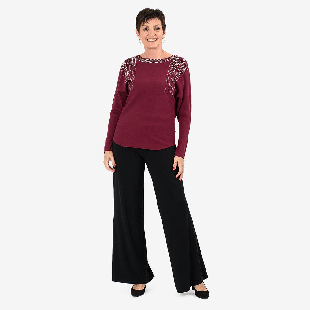 Chilli Charm Women’s Embellished Shoulder Jumper with Long Sleeves & Round Neck