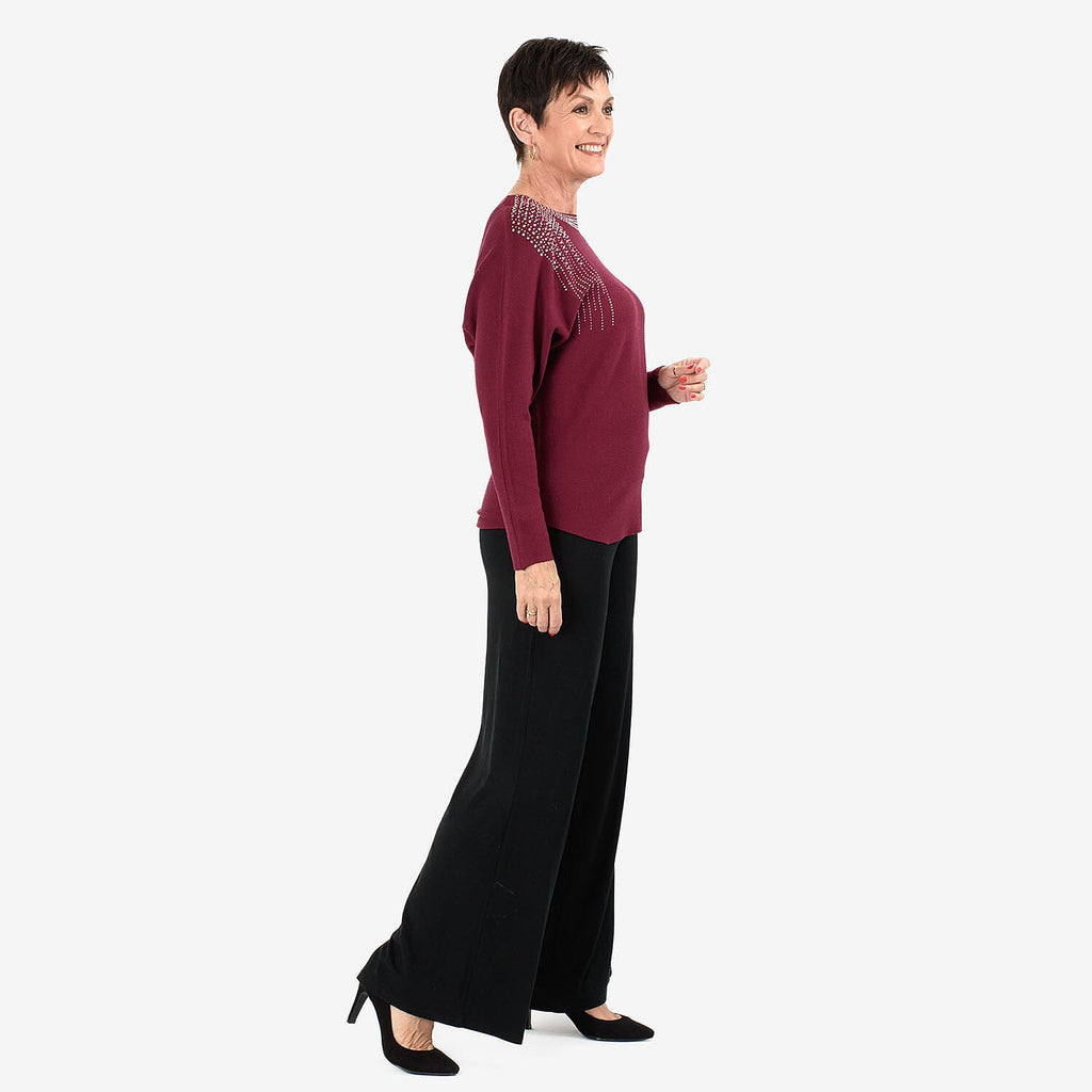 Chilli Charm Women’s Embellished Shoulder Jumper with Long Sleeves & Round Neck