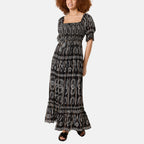 Chilli Charm Shirred Square Neck Midi Dress (Size S-M) - Black