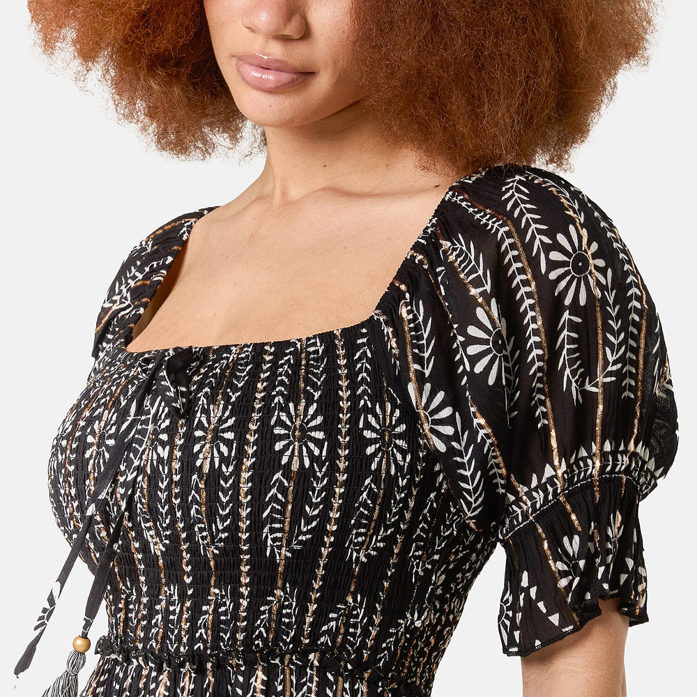 Chilli Charm Shirred Square Neck Midi Dress (Size S-M) - Black