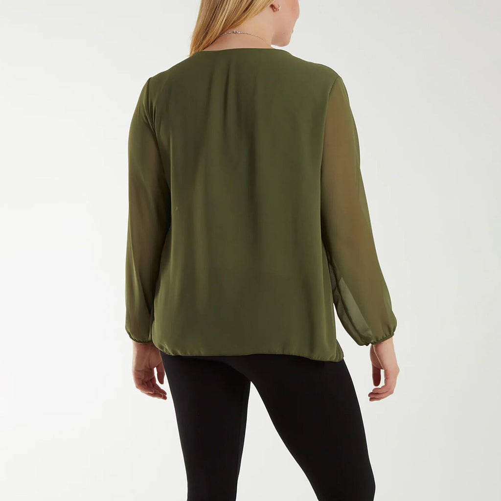 Chilli Charm Pleated Top with Necklace (One Size) - Khaki