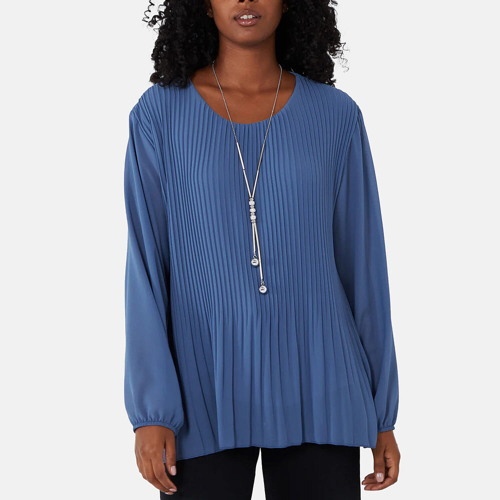MADE IN ITALY - Chilli Charm Pleated Long Sleeve Top with Necklace (One Size, 8 To 20) - Denim Blue
