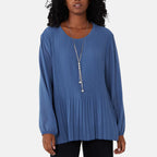 MADE IN ITALY - Chilli Charm Pleated Long Sleeve Top with Necklace (One Size, 8 To 20) - Denim Blue
