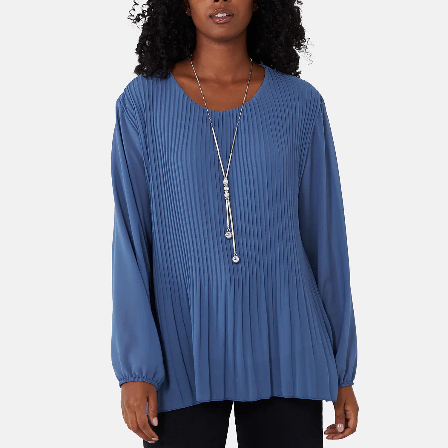 MADE IN ITALY - Chilli Charm Pleated Long Sleeve Top with Necklace (One Size, 8 To 20) - Denim Blue