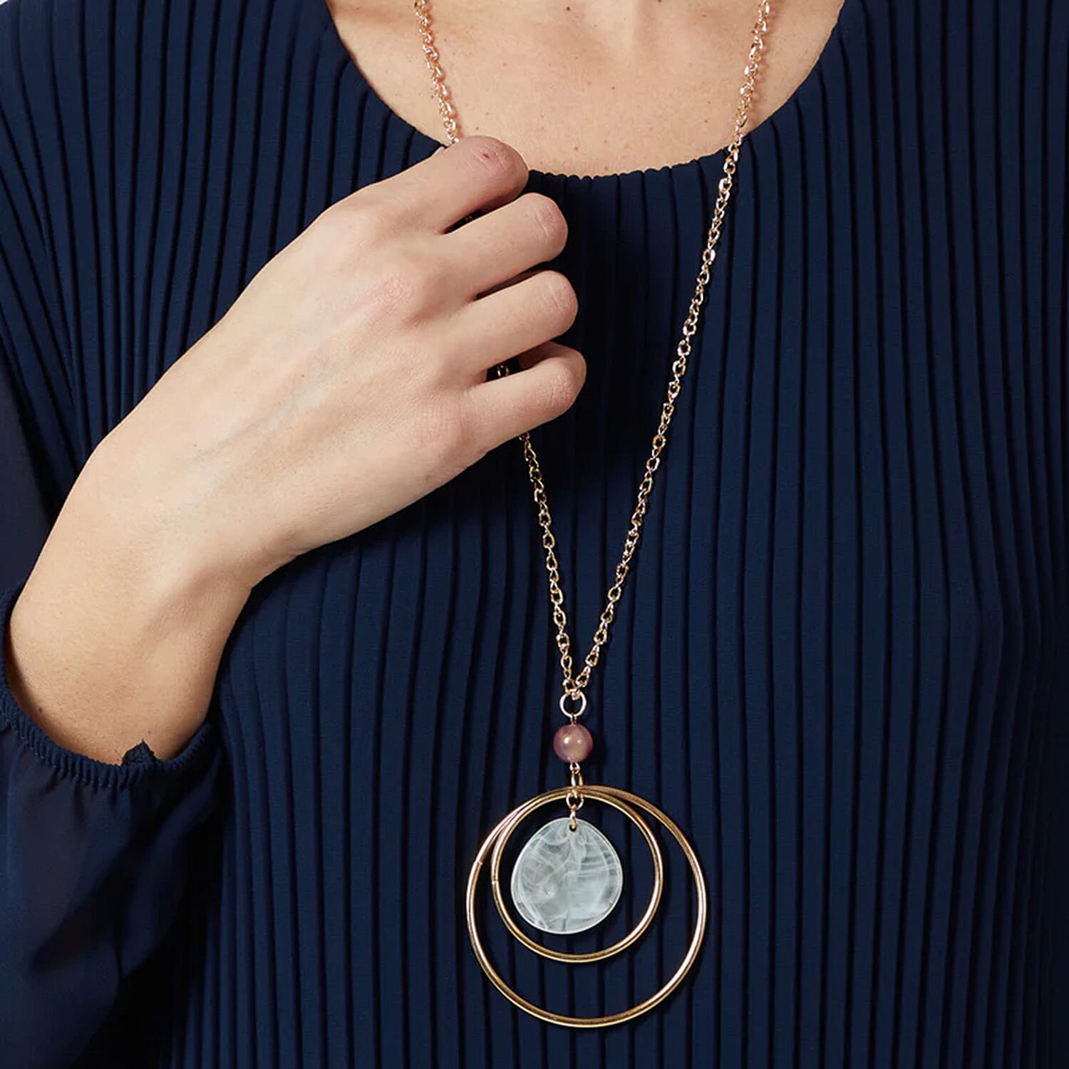 Chilli Charm Pleated Long Sleeve Top with Necklace (One Size, 8 - 18) - Navy