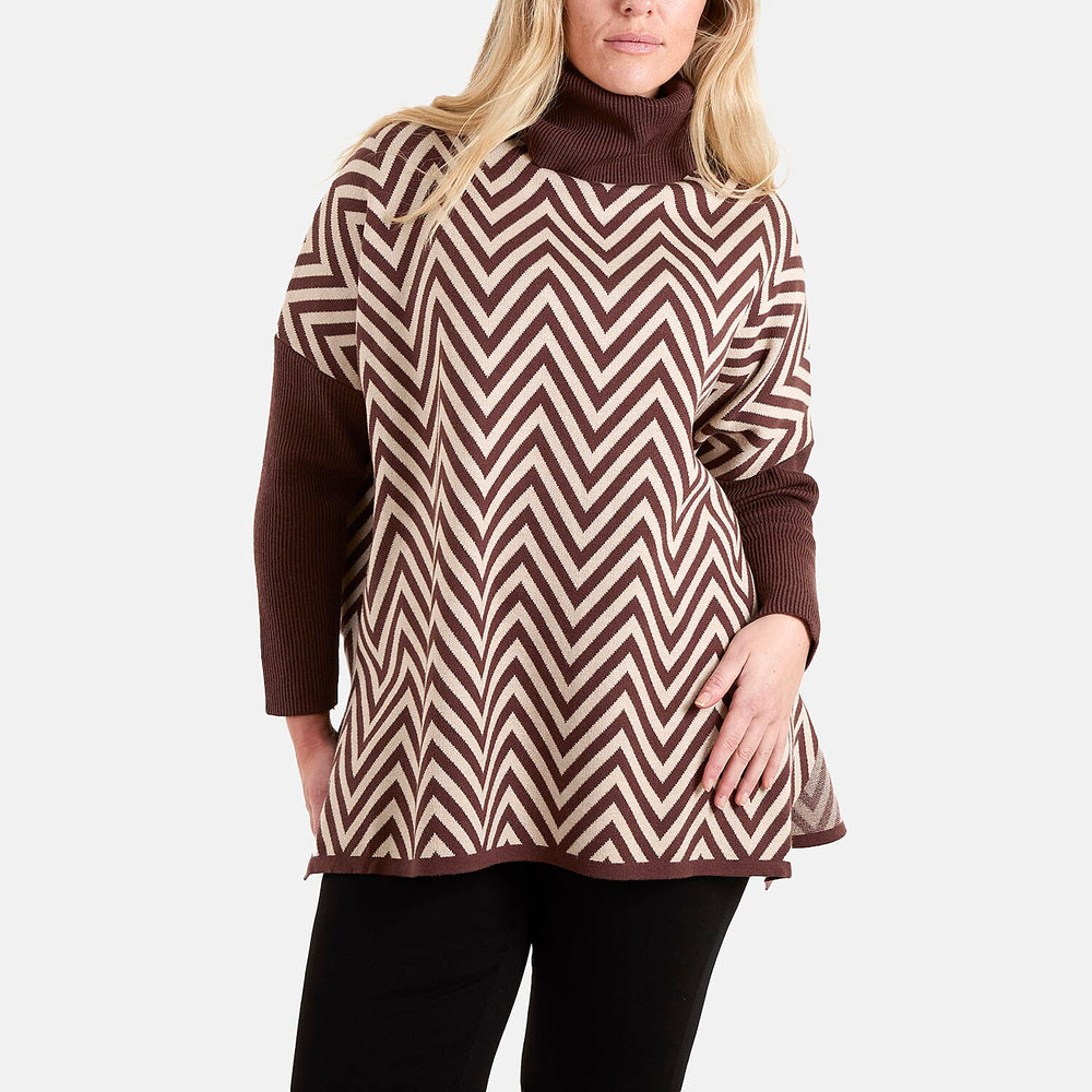 Chilli Charm Zig-Zag Pattern High Neck Jumper (One Size) - Brown