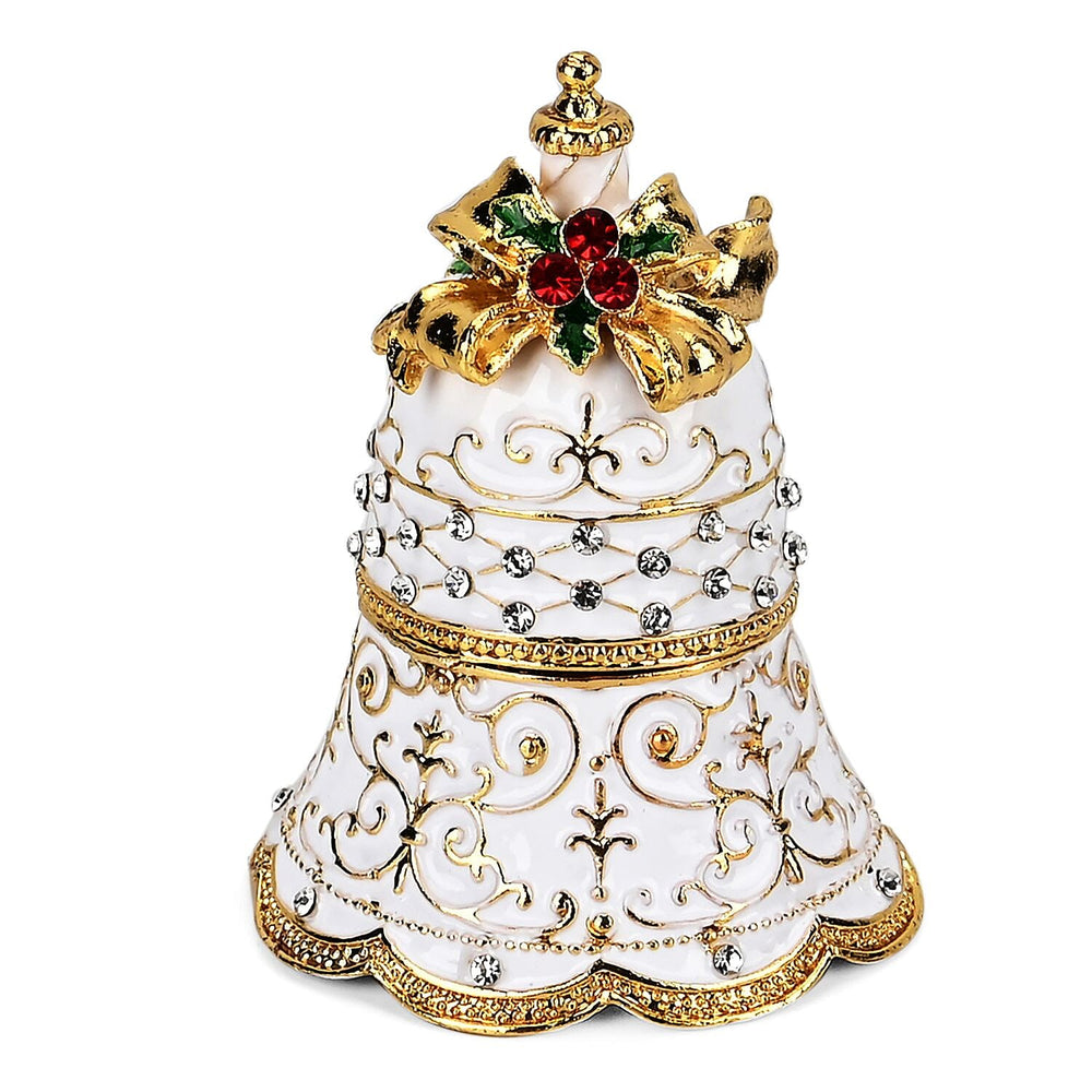 Christmas Bell Trinket Storage Box with Hand Painted Colorful Enamel - Jeweled with Sparkling Crystals - White