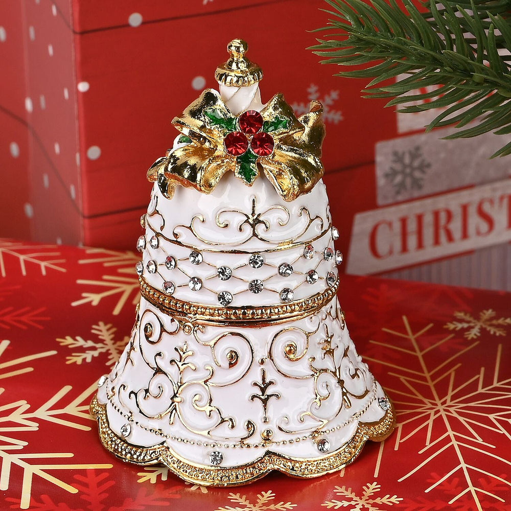 Christmas Bell Trinket Storage Box with Hand Painted Colorful Enamel - Jeweled with Sparkling Crystals - White