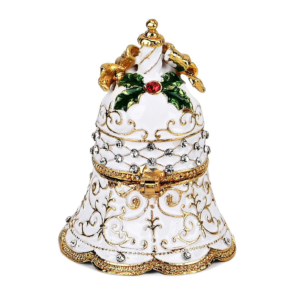 Christmas Bell Trinket Storage Box with Hand Painted Colorful Enamel - Jeweled with Sparkling Crystals - White