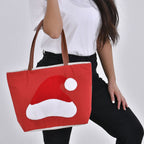 Christmas Collection - Santa Hat Pattern Tote Bag with Exterior Zipped Pocket - Handle Drop - Red