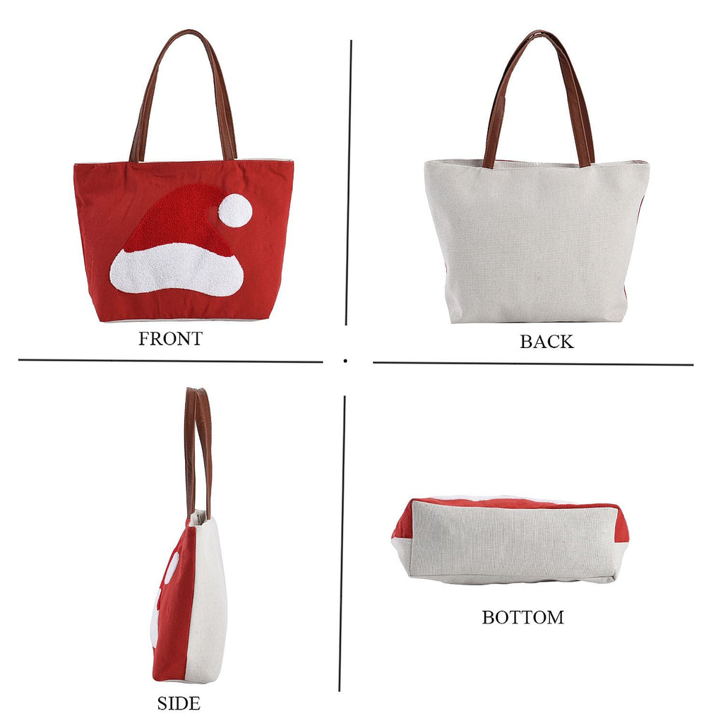 Christmas Collection - Santa Hat Pattern Tote Bag with Exterior Zipped Pocket - Handle Drop - Red