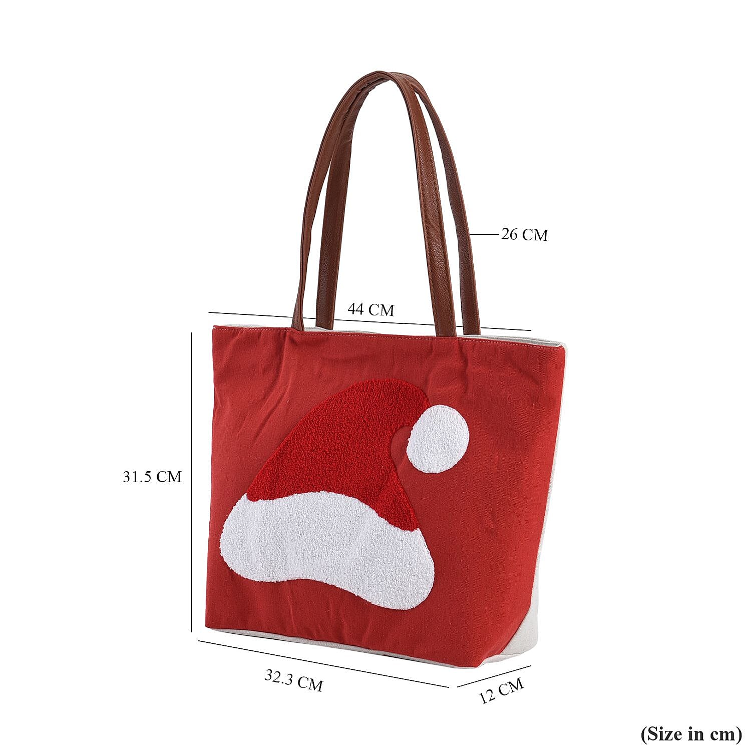 Christmas Collection - Santa Hat Pattern Tote Bag with Exterior Zipped Pocket - Handle Drop - Red