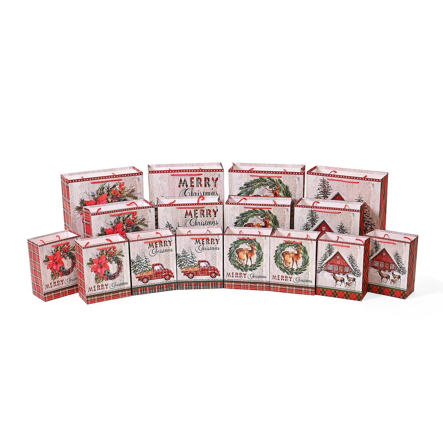 Christmas Gift Bags Set of 16 Style - Christmas Tree - Car - The Snow House - Deer - Christmas Wreath - Christmas Wreath - Deer