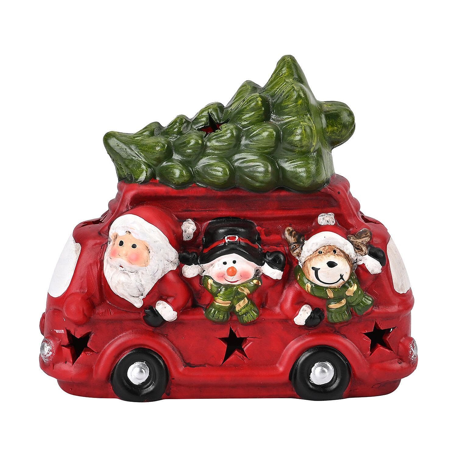 Ceramic Decoration Van, Santa - Reindeer Shape with Led Light (Size 19x16x9 cm) - Red - White