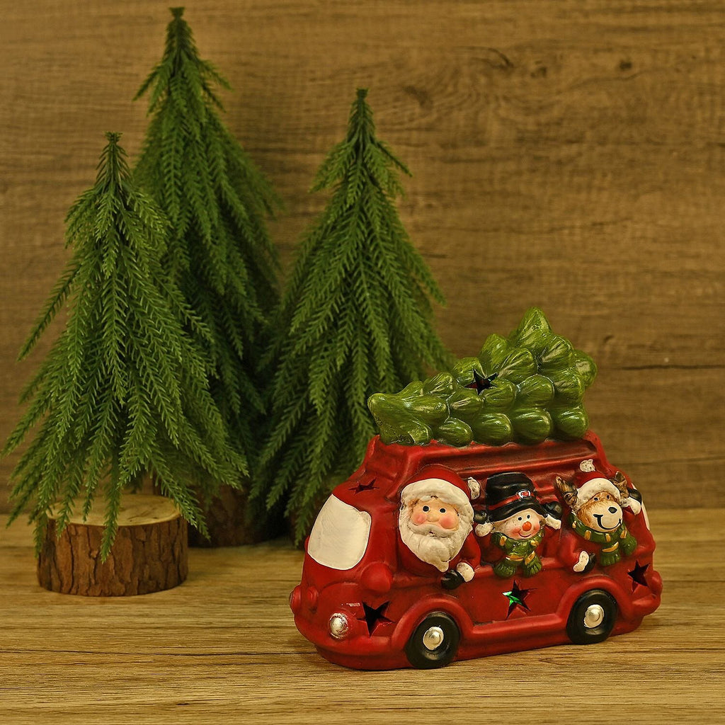 Ceramic Decoration Van, Santa - Reindeer Shape with Led Light (Size 19x16x9 cm) - Red - White