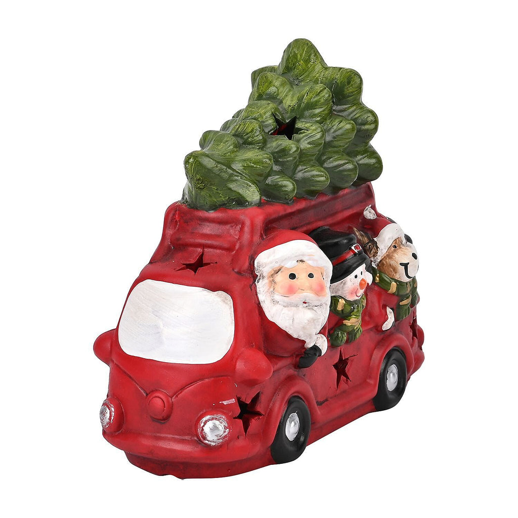 Ceramic Decoration Van, Santa - Reindeer Shape with Led Light (Size 19x16x9 cm) - Red - White