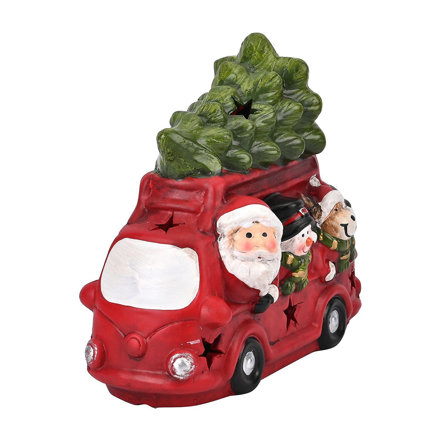 Ceramic Decoration Van, Santa - Reindeer Shape with Led Light (Size 19x16x9 cm) - Red - White