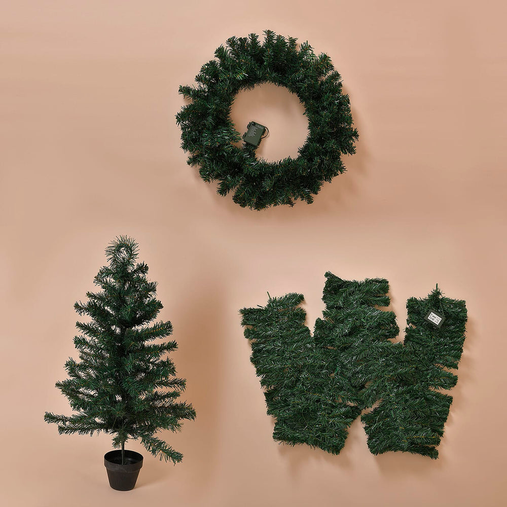4 Piece Set- 2 LED Christmas Trees With Plant Pots (90CM), LED Wreath (60CM) and LED Garland (270CM)