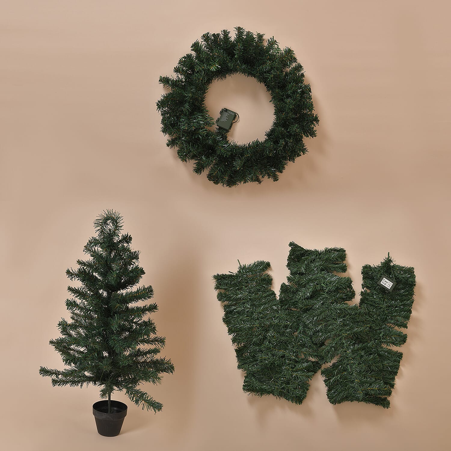 4 Piece Set- 2 LED Christmas Trees With Plant Pots (90CM), LED Wreath (60CM) and LED Garland (270CM)