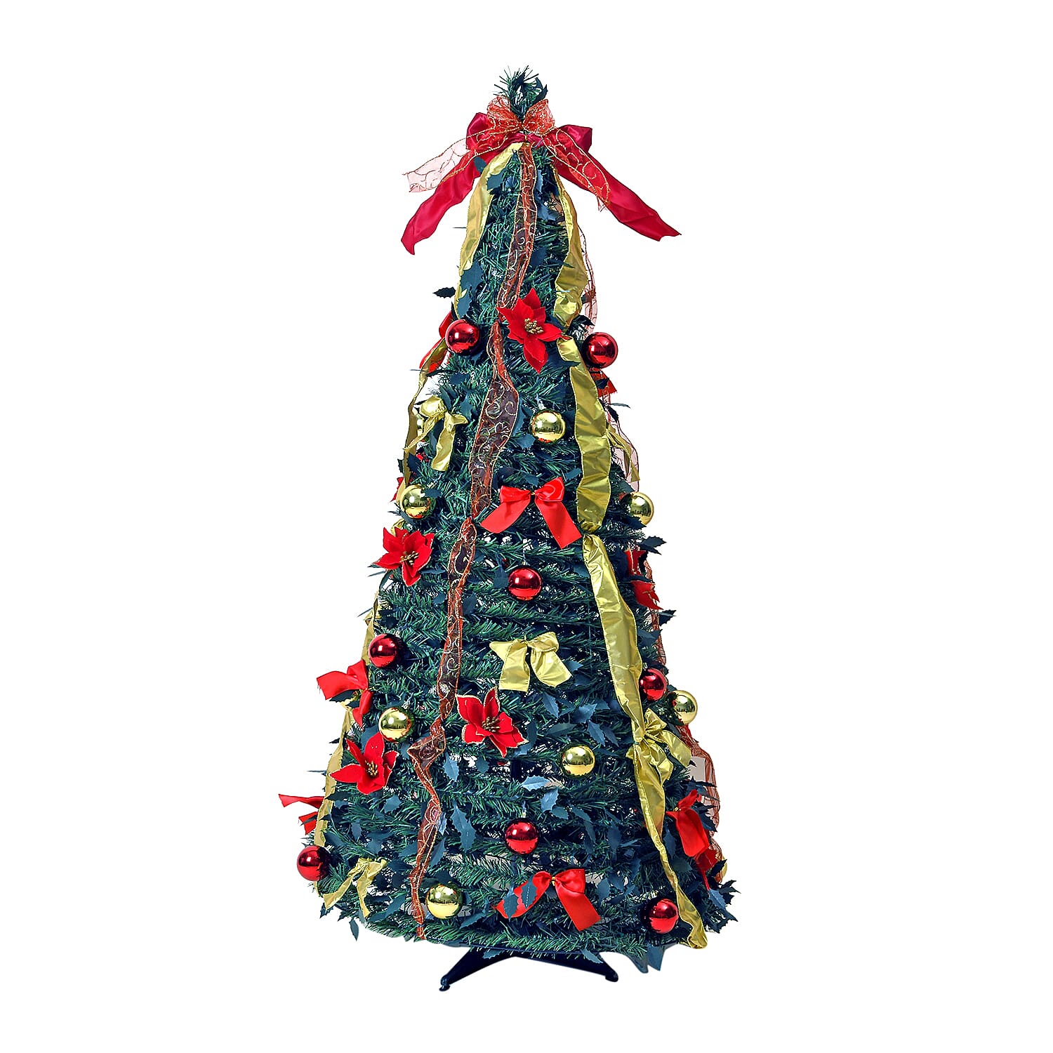 150cm (5ft) Dressed Pop-Up Tree - Pre-lit with 100 warm white LED lights, 6 baubles with patterns, 12 poinsettia flowers, 18 small bows, 30 decorative balls and 1 bow topper