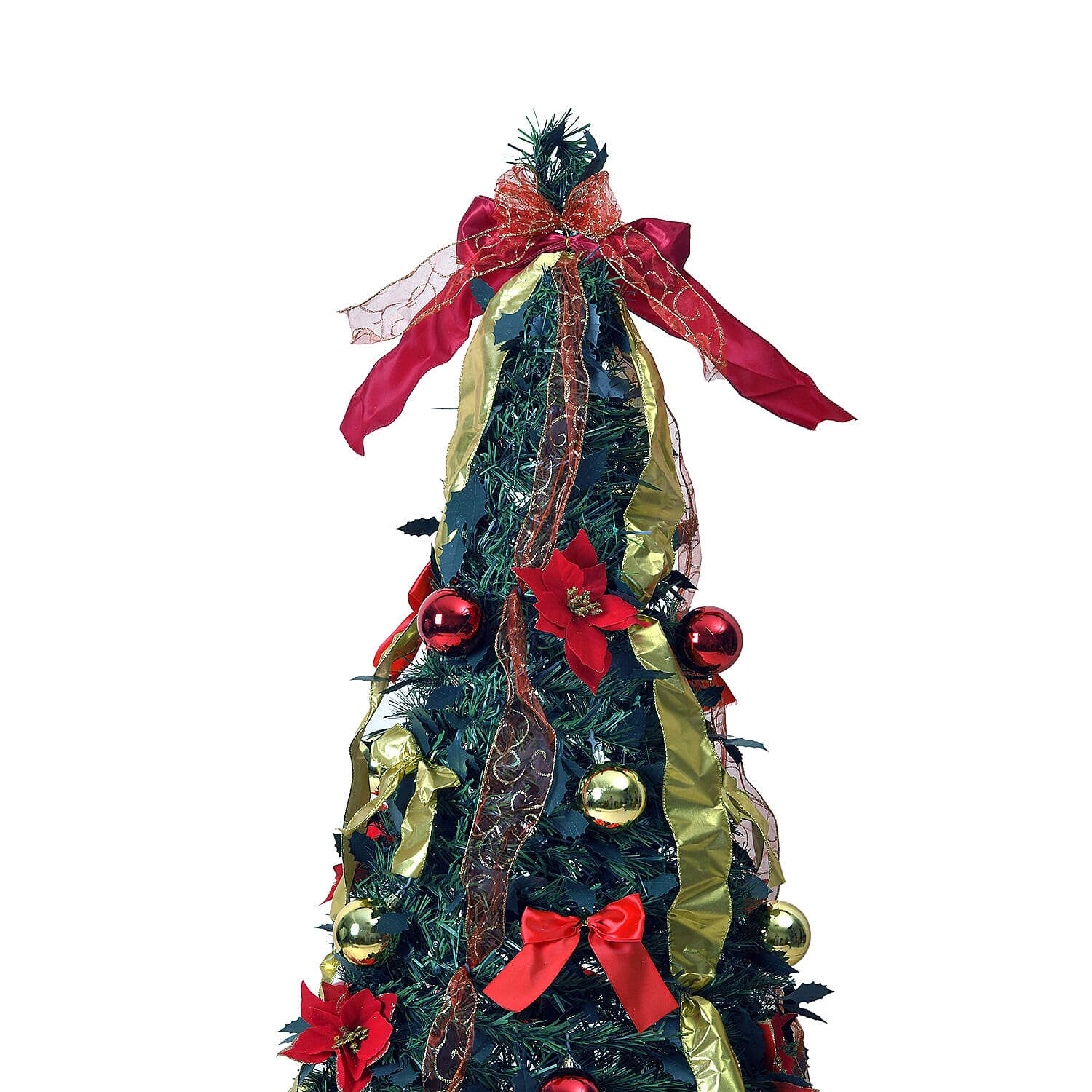 150cm (5ft) Dressed Pop-Up Tree - Pre-lit with 100 warm white LED lights, 6 baubles with patterns, 12 poinsettia flowers, 18 small bows, 30 decorative balls and 1 bow topper