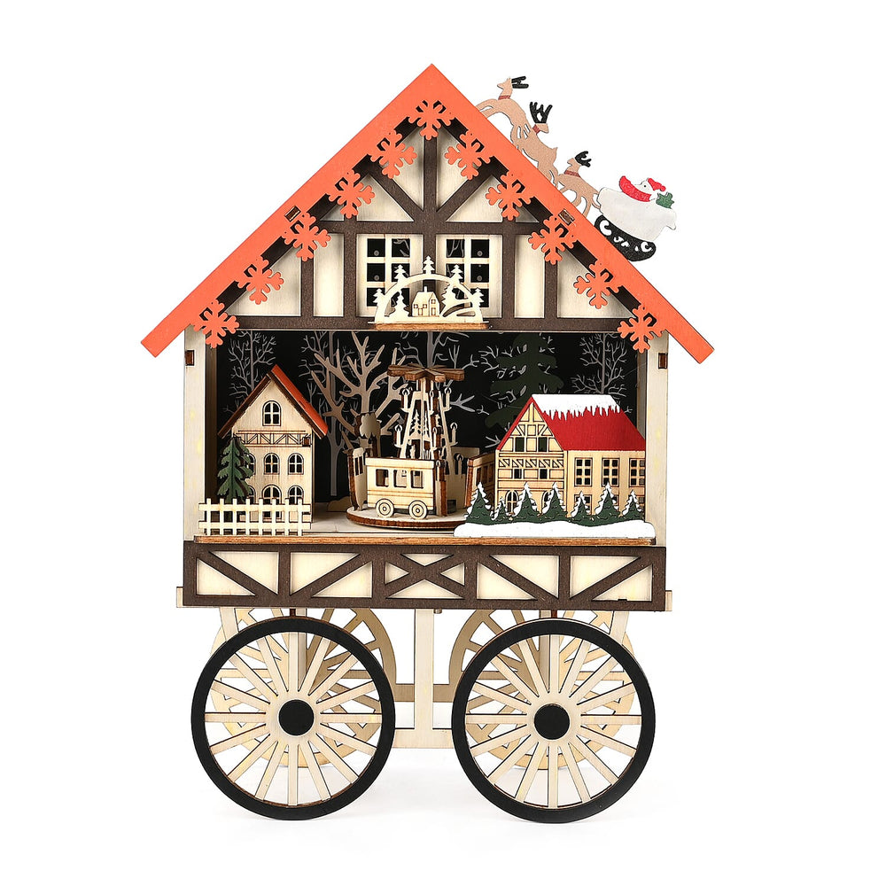 LED Wooden Wagon Christmas Village Scene With Wind Up Music Box