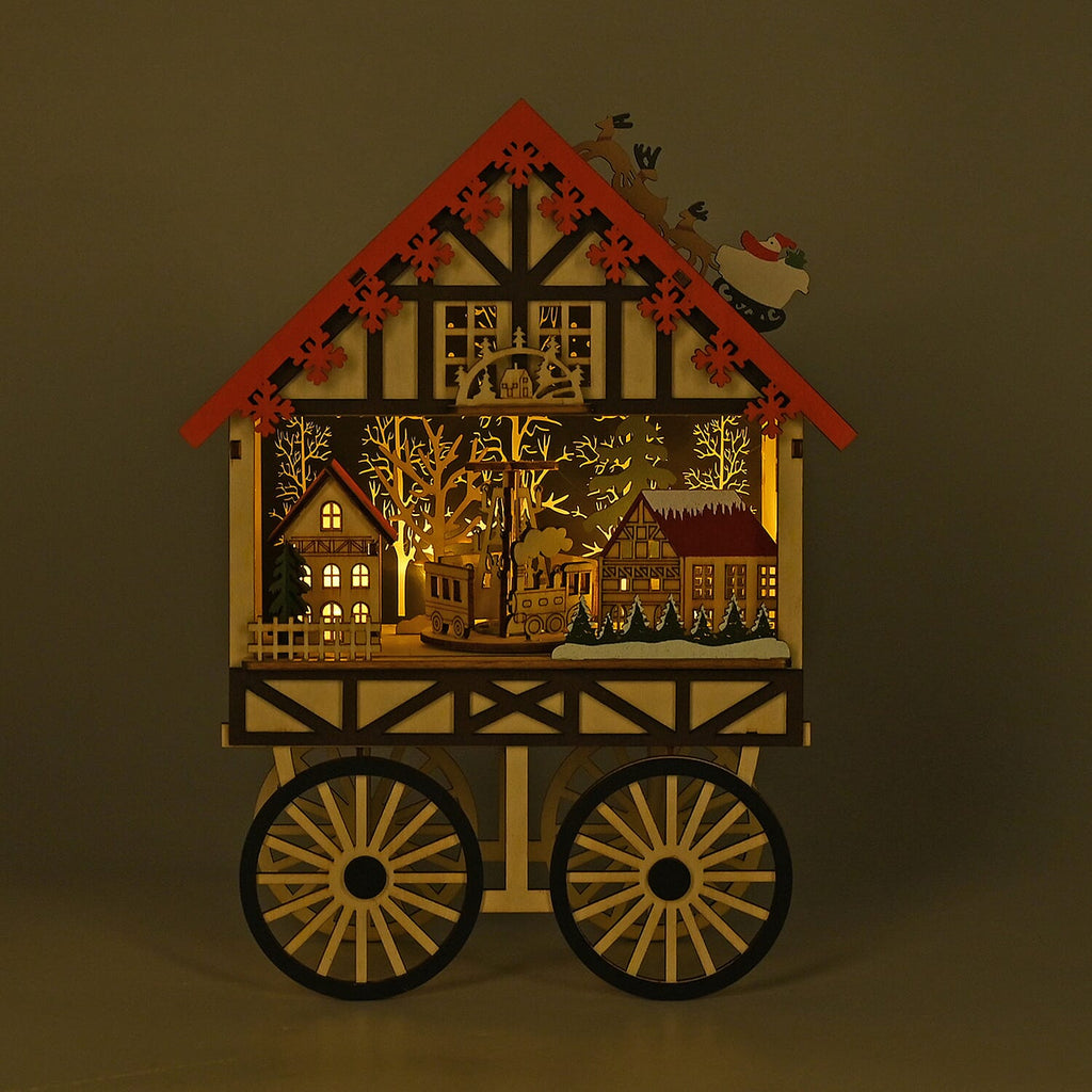 LED Wooden Wagon Christmas Village Scene With Wind Up Music Box