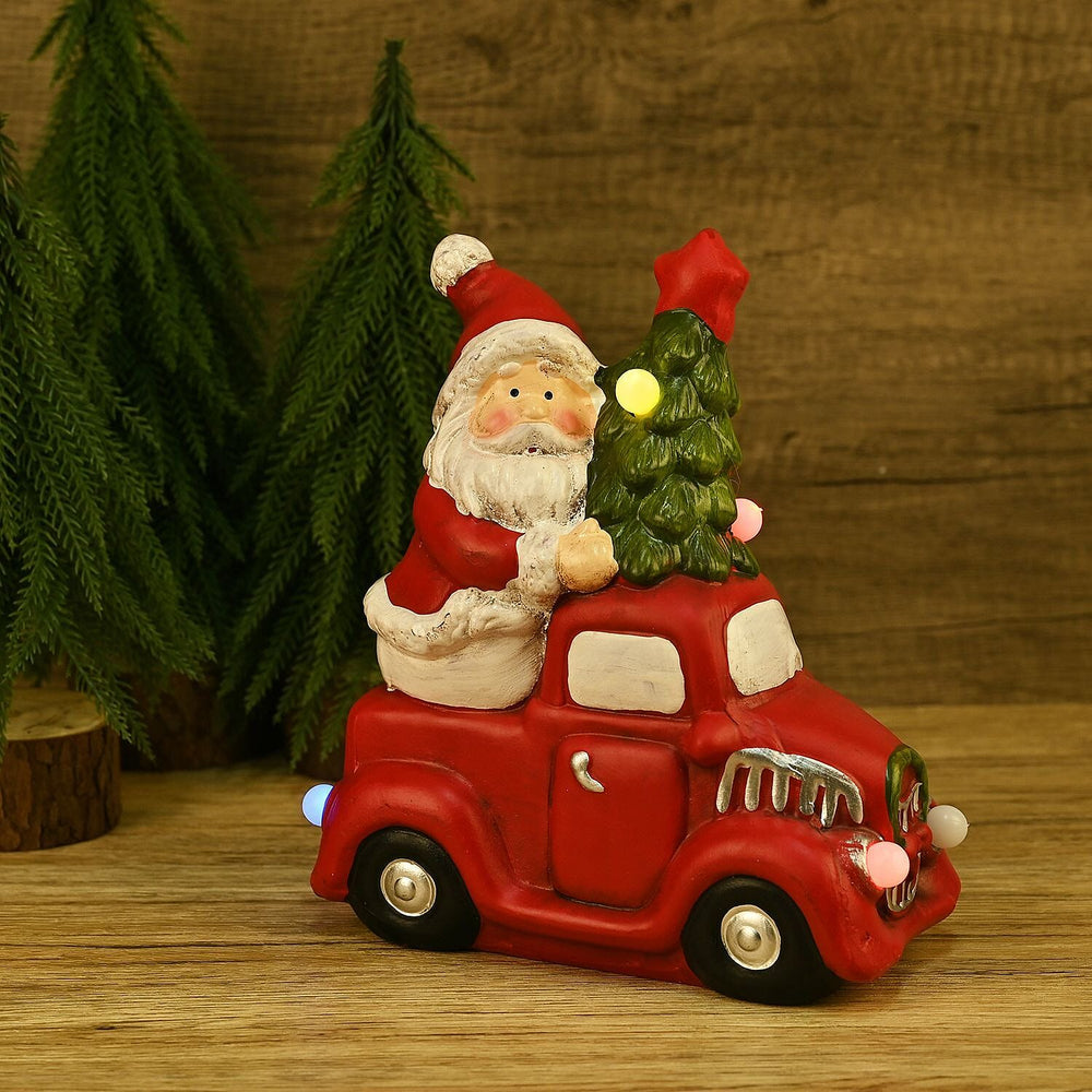 Ceramic Decoration Truck and Santa Clause Shape with Led Light (Size 22x20x9 cm) - Red - White