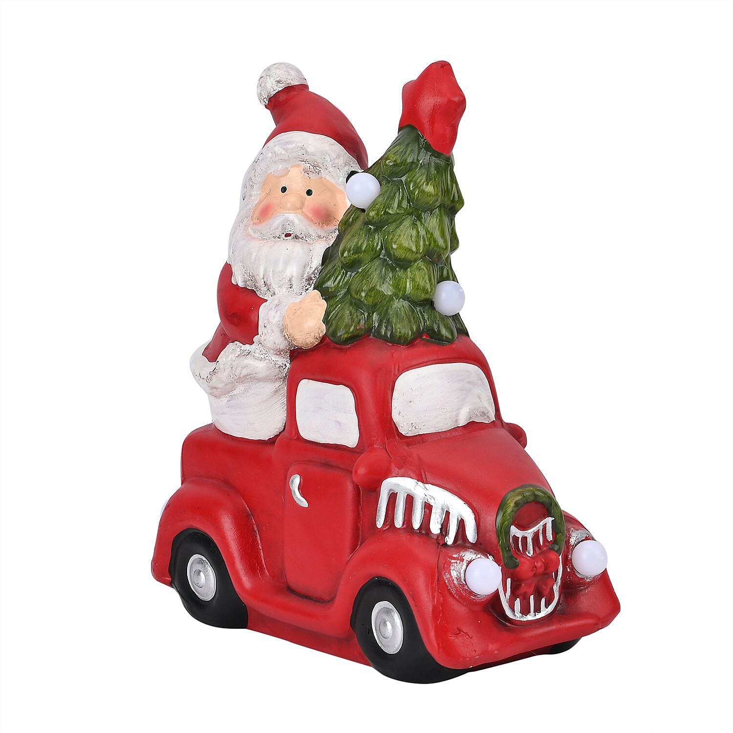Ceramic Decoration Truck and Santa Clause Shape with Led Light (Size 22x20x9 cm) - Red - White