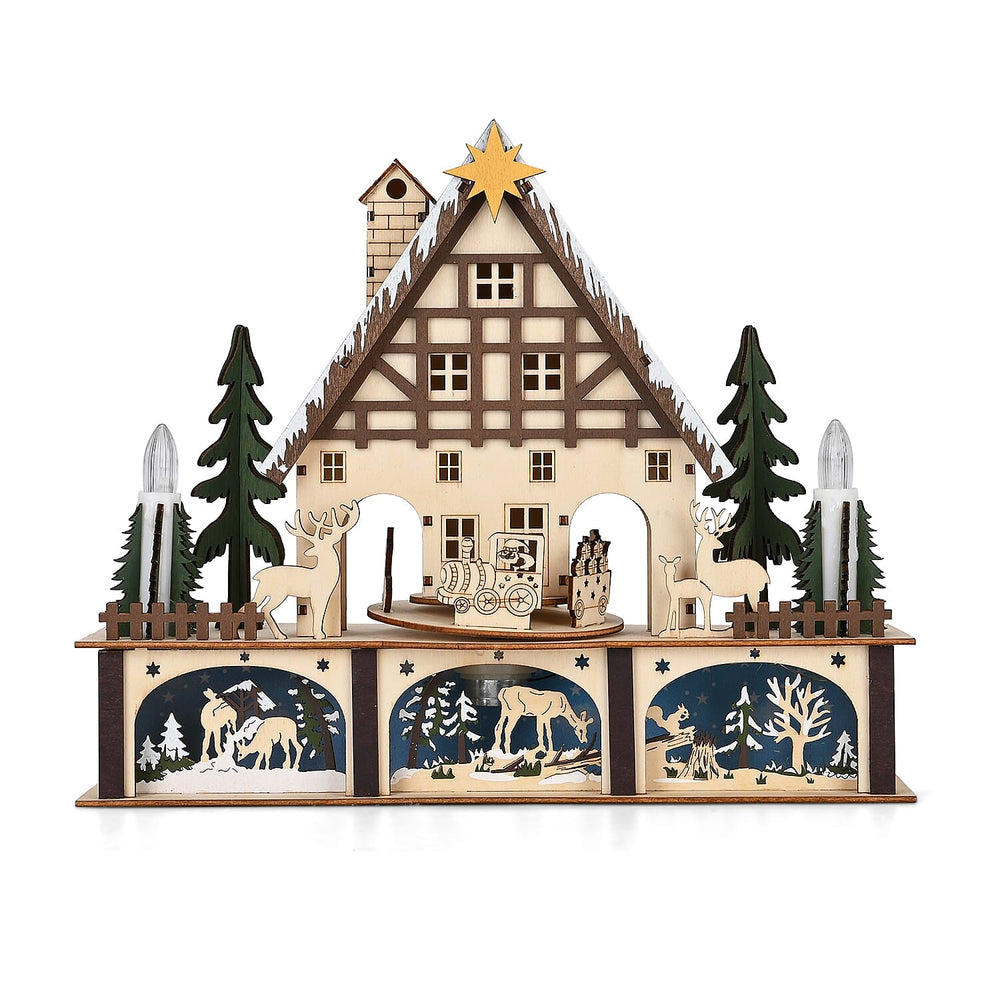 LED Wooden Christmas Winter Wonderland With Wind Up Music Box