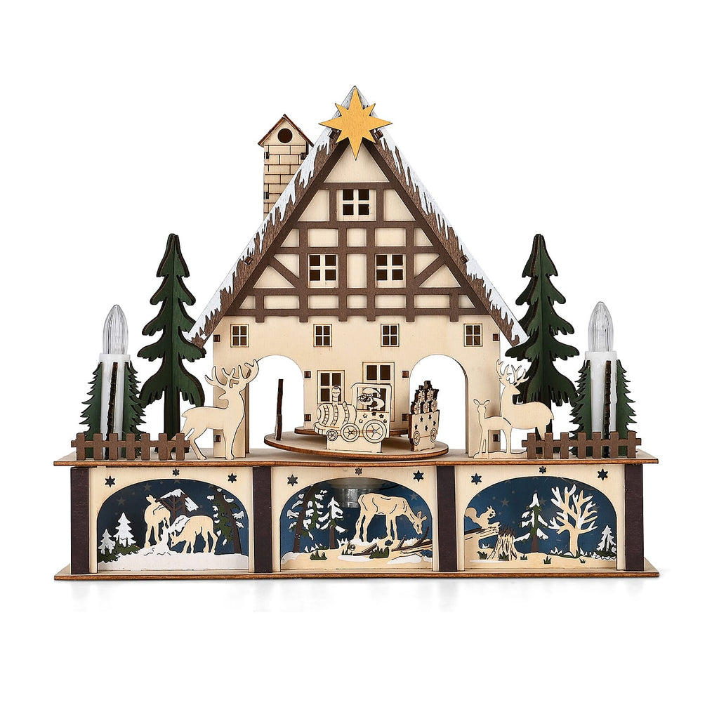 LED Wooden Christmas Winter Wonderland With Wind Up Music Box