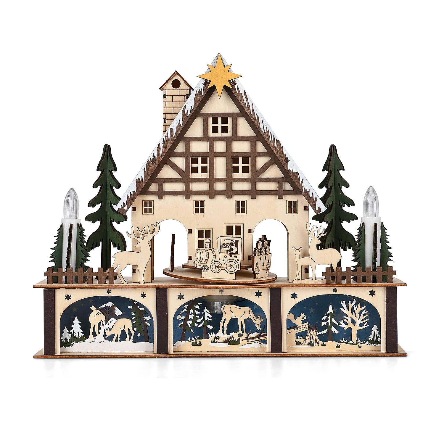 LED Wooden Christmas Winter Wonderland With Wind Up Music Box