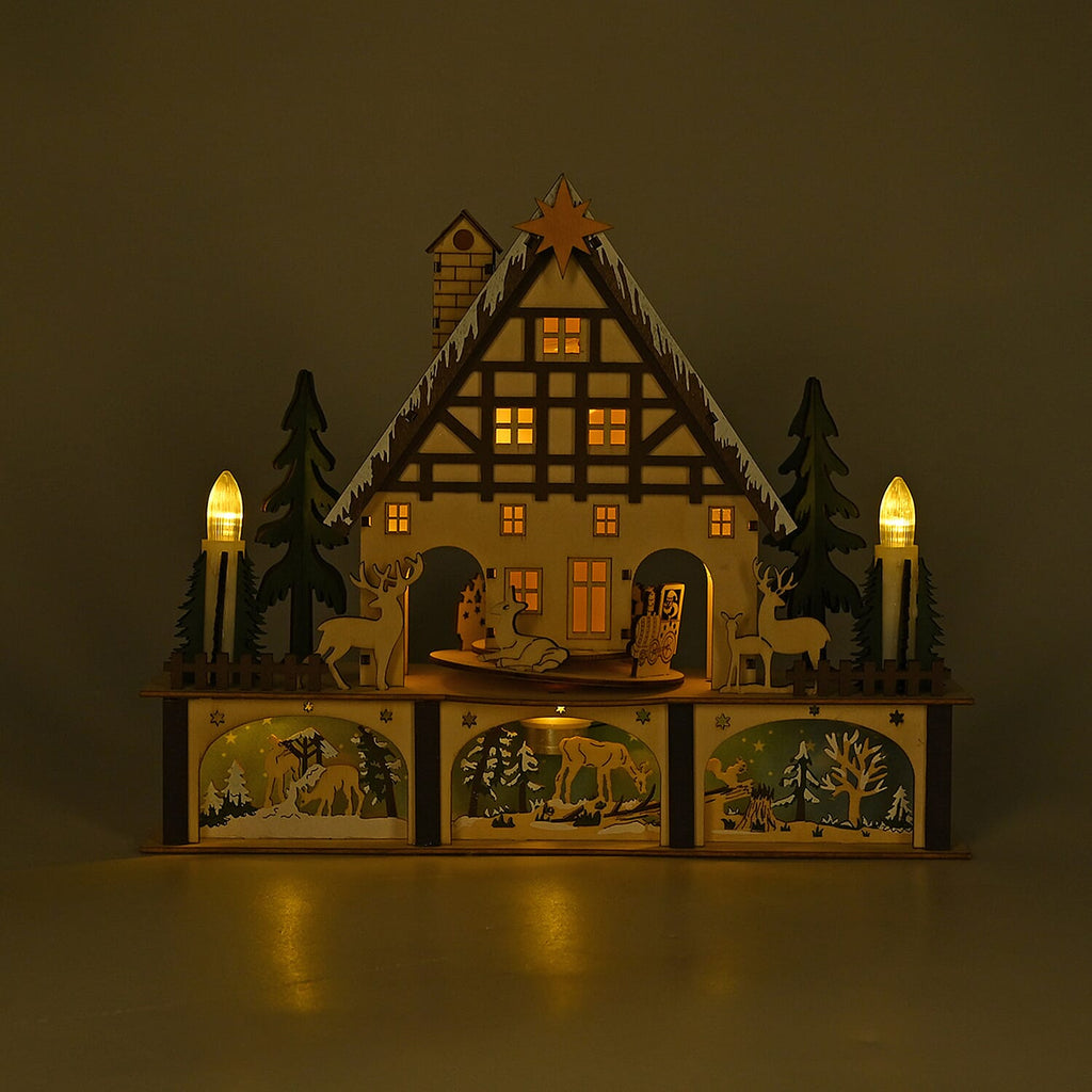 LED Wooden Christmas Winter Wonderland With Wind Up Music Box