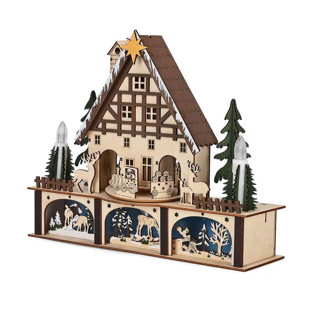 LED Wooden Christmas Winter Wonderland With Wind Up Music Box