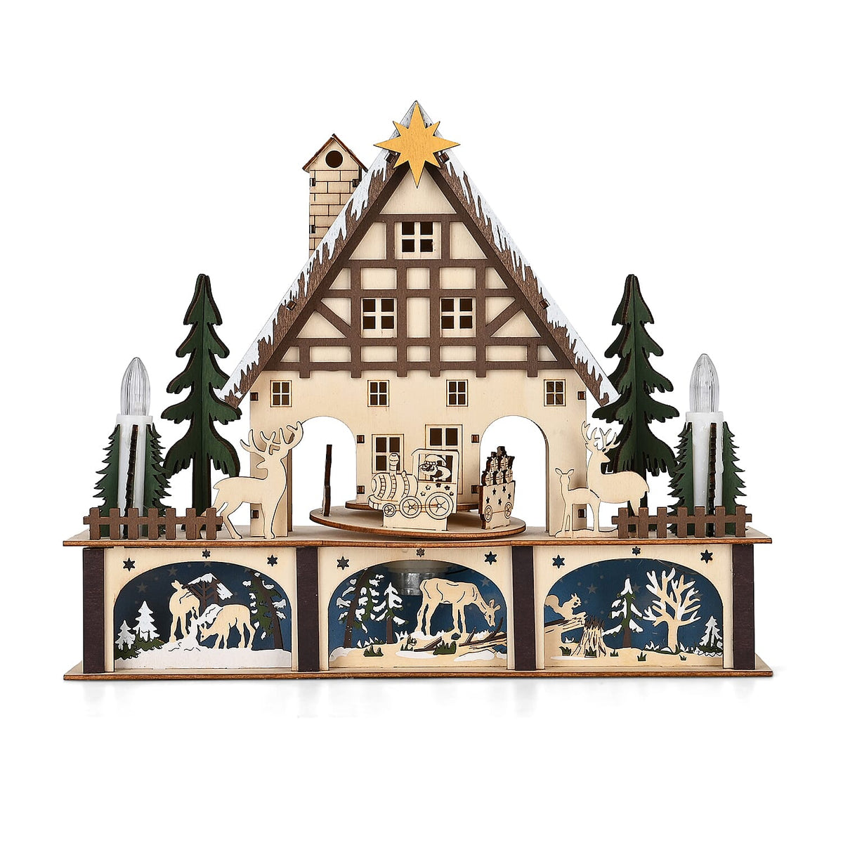 LED Wooden Christmas Winter Wonderland With Wind Up Music Box