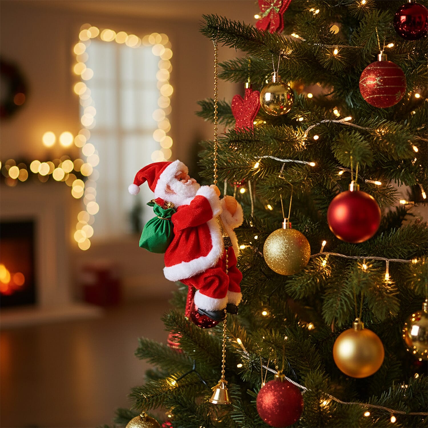 Animated Climbing Santa with Golden Pearls & Music (23 cm) Powered by 3 AA Batteries (not inc.) - Red & White