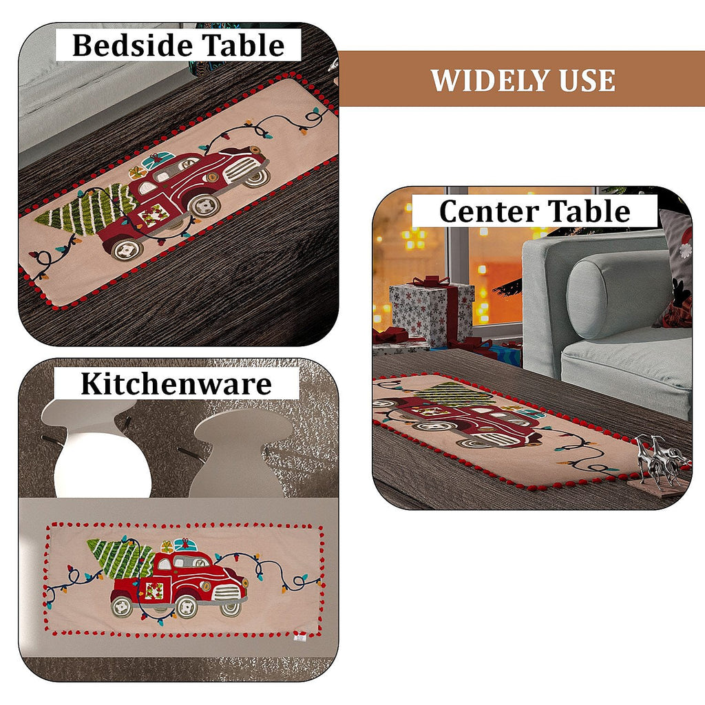 Christmas Tree on Car Embroidered Cotton Table Runner (Size 91x35 Cm) - Beige & Multi