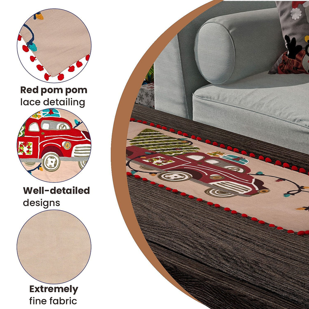 Christmas Tree on Car Embroidered Cotton Table Runner (Size 91x35 Cm) - Beige & Multi