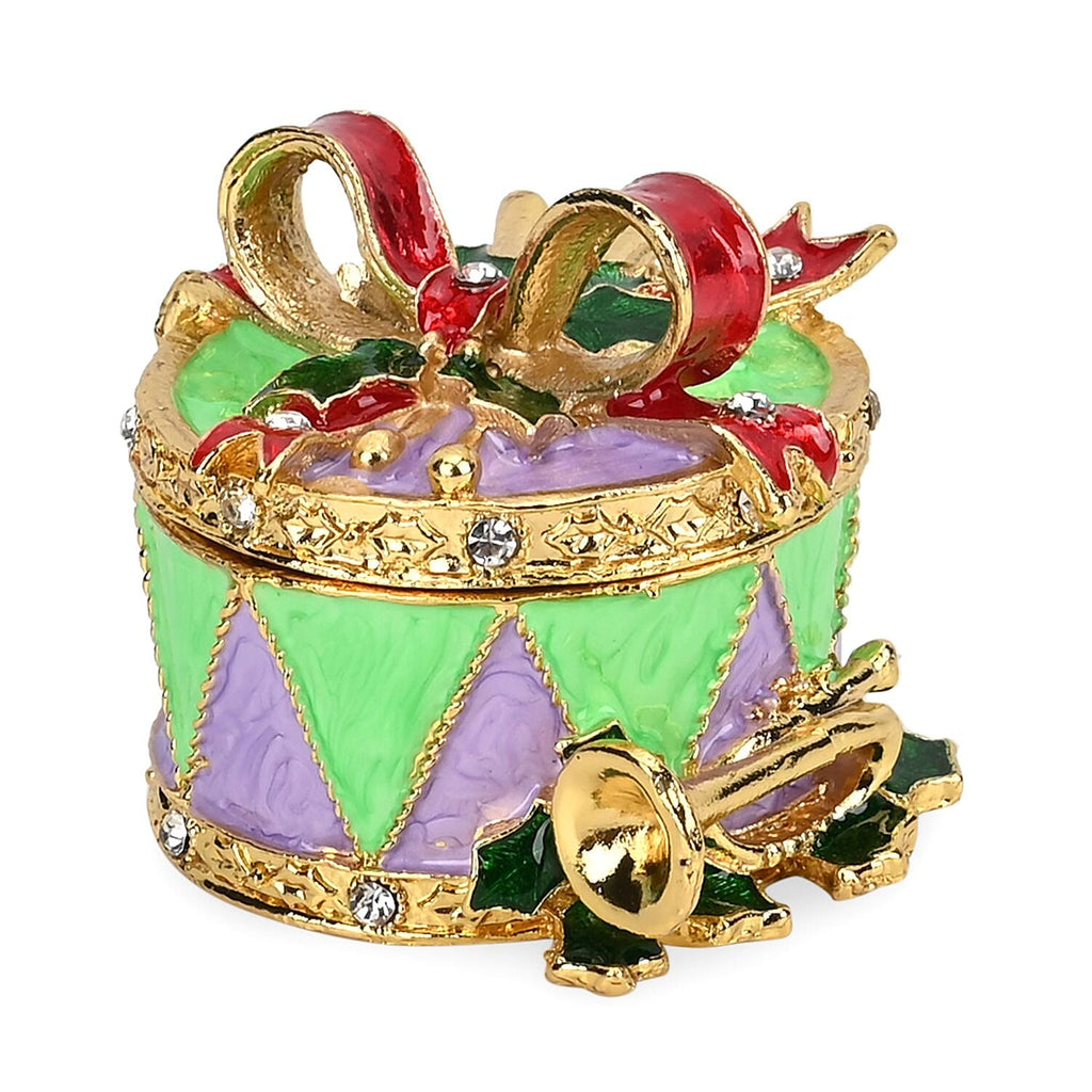 Christmas Drum Hand Painted Trinket Storage Box Enamelled With Sparkling Crystals - Green & Multi