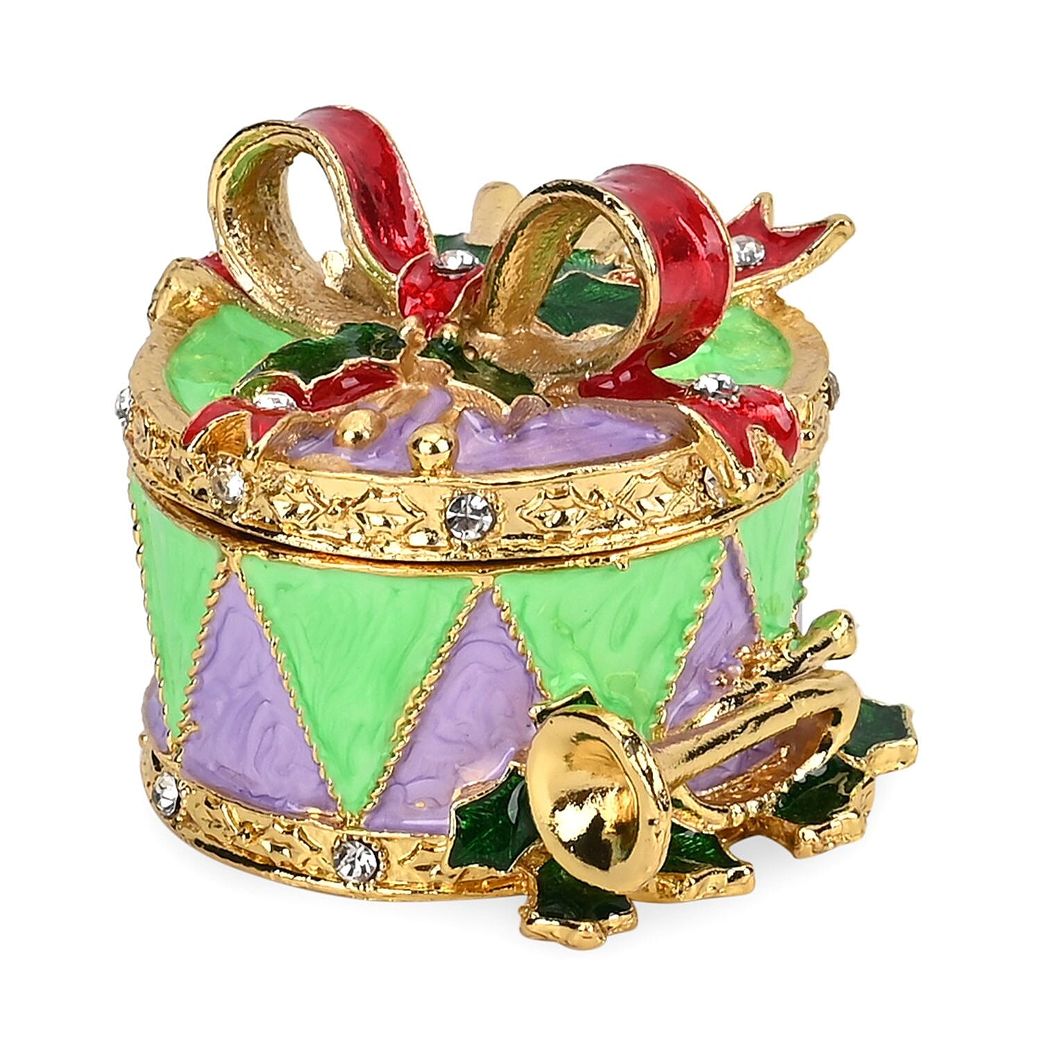 Christmas Drum Hand Painted Trinket Storage Box Enamelled With Sparkling Crystals - Green & Multi