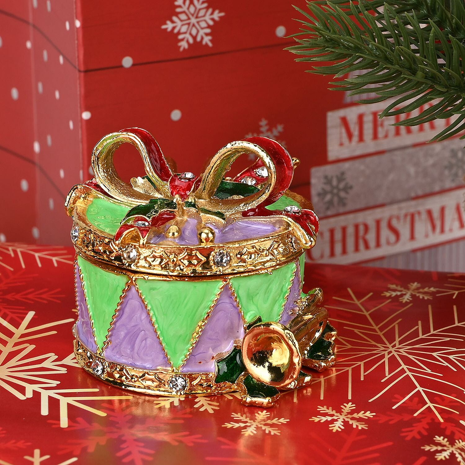 Christmas Drum Hand Painted Trinket Storage Box Enamelled With Sparkling Crystals - Green & Multi