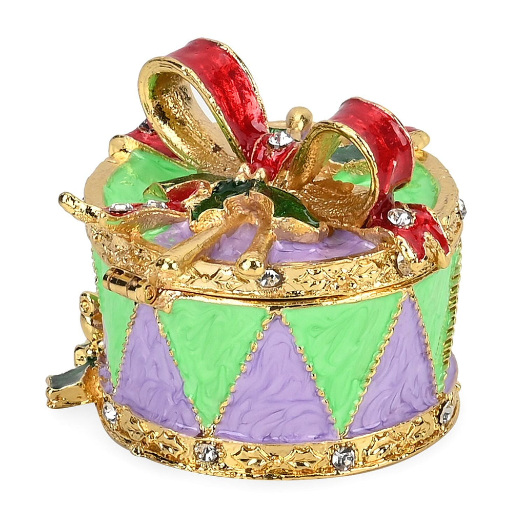 Christmas Drum Hand Painted Trinket Storage Box Enamelled With Sparkling Crystals - Green & Multi