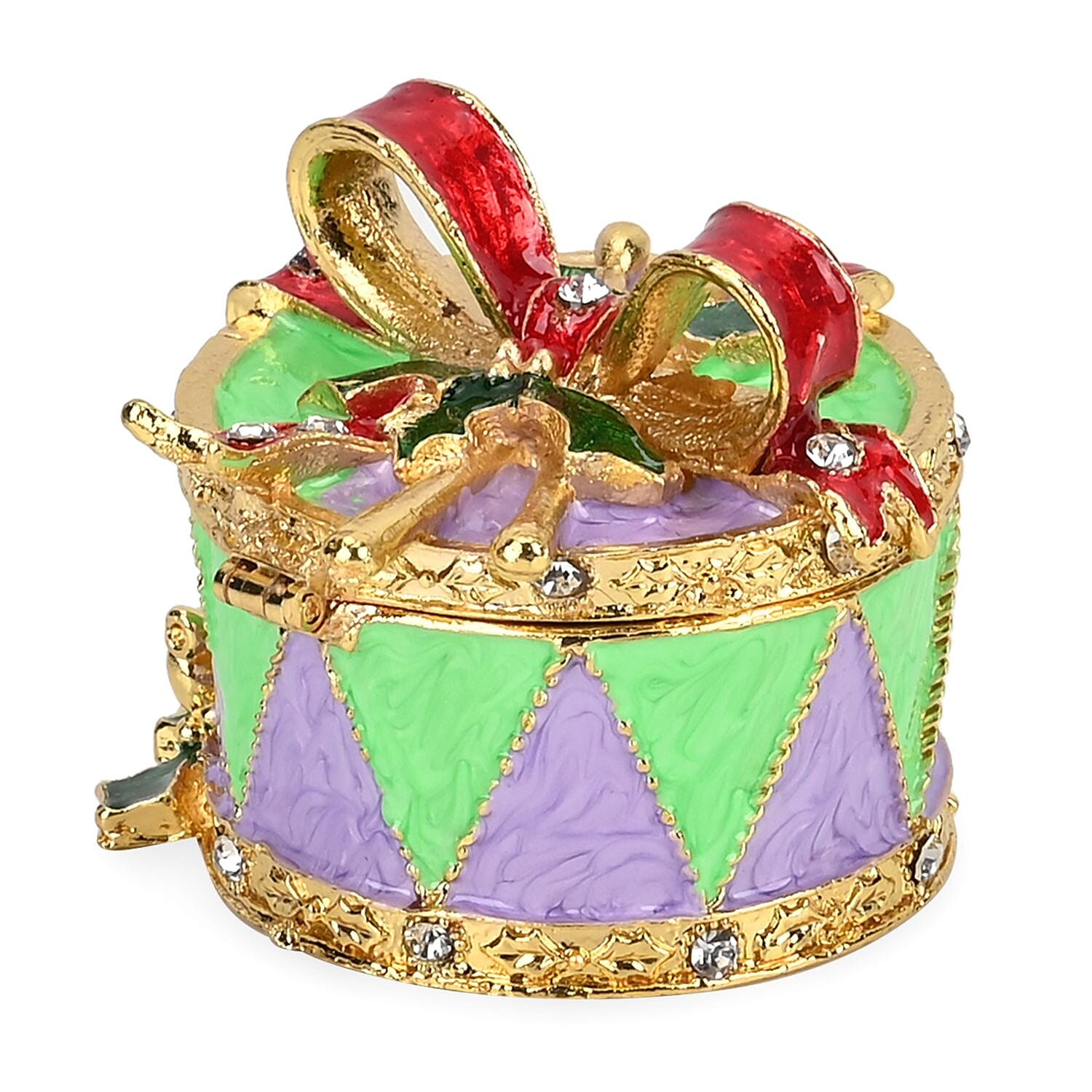 Christmas Drum Hand Painted Trinket Storage Box Enamelled With Sparkling Crystals - Green & Multi